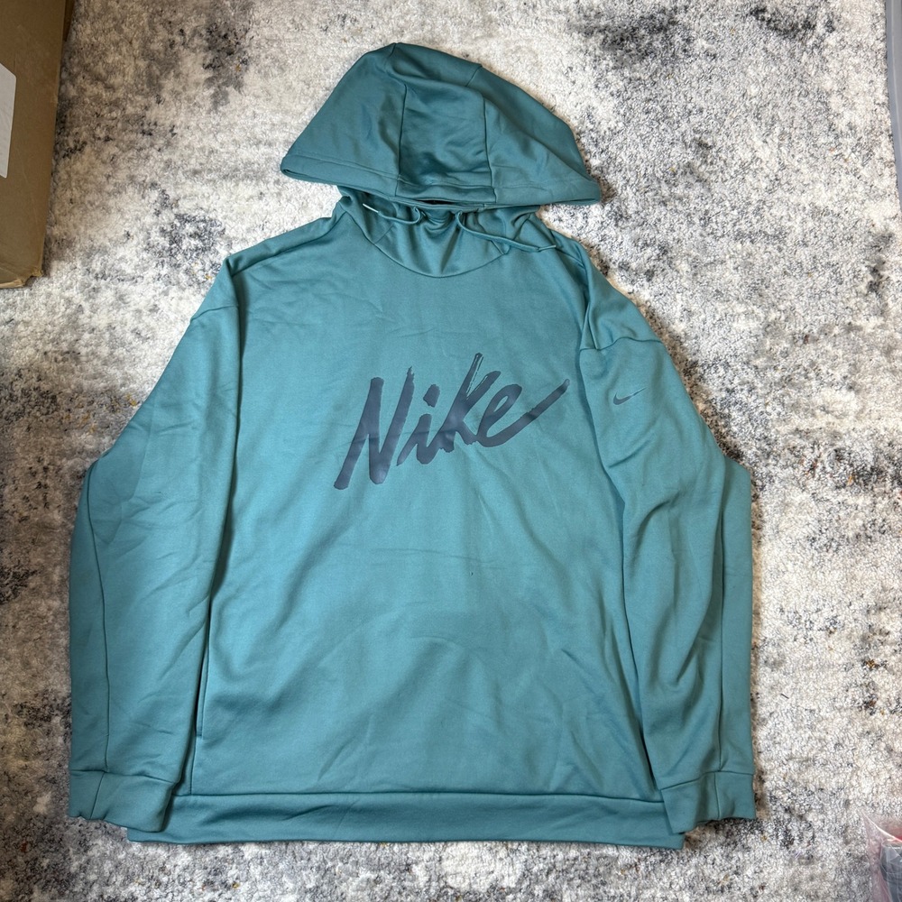 Nike Womens Therma-FIT Fleece Hoodie Teal Green Script Logo Sweatshirt Large